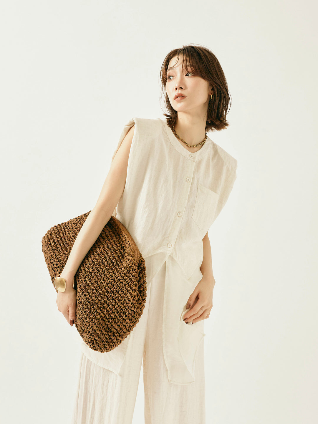 [SET]オーガンジーヘムブラウス＆ワイドパンツSET UP(2set)