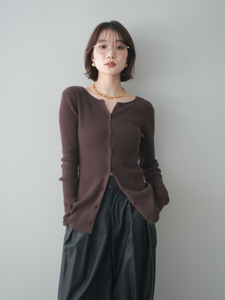 [予約]前後2WAYリブ編みクルーネックカーディガン/darkbrown