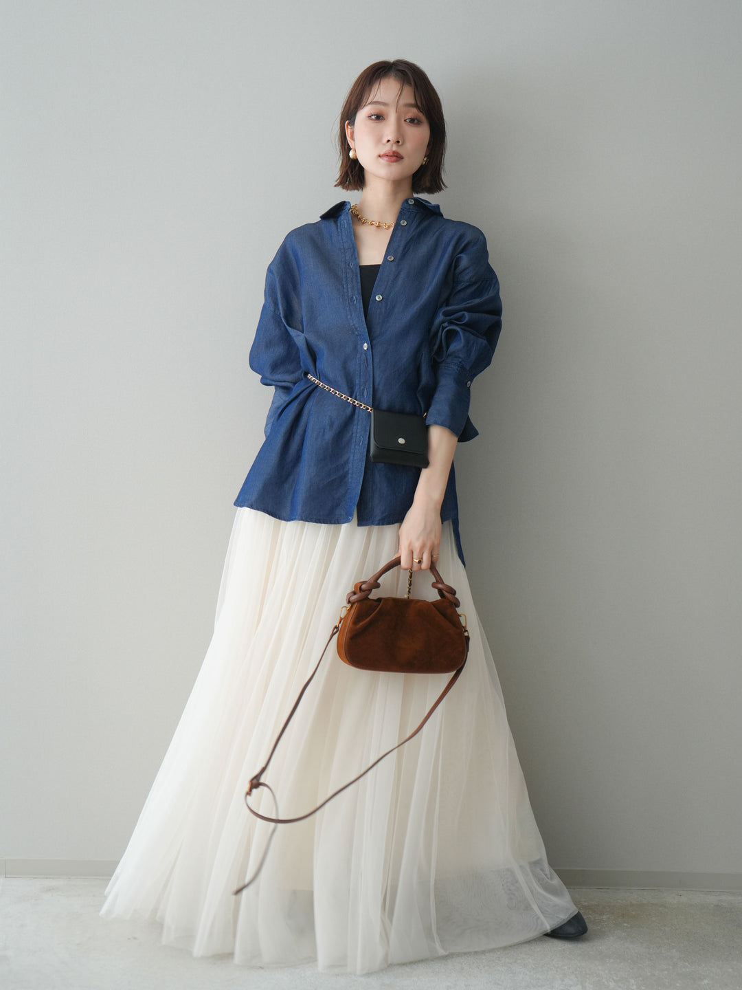 [SET]テンセルデニムタックシャツ+チュールボリュームスカート(2set)