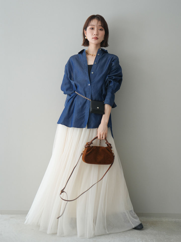 [SET]テンセルデニムタックシャツ+チュールボリュームスカート(2set)