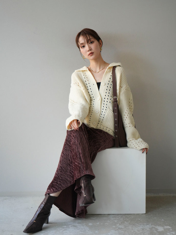 [予約]丸襟透かし編みニットカーディガン/オフ