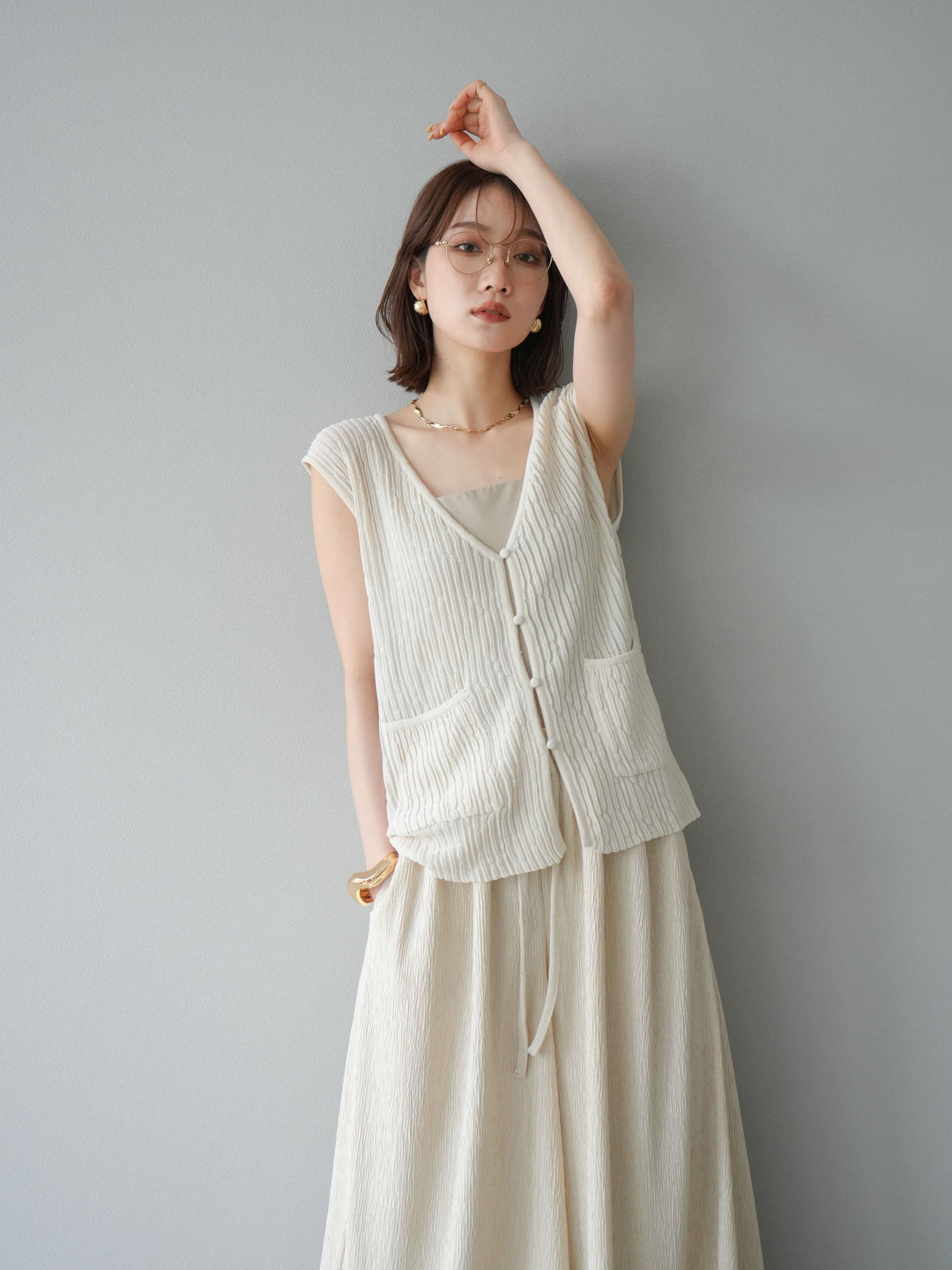 [SET] 波浪夏季針織背心+柳葉寬腿褲（2件套）