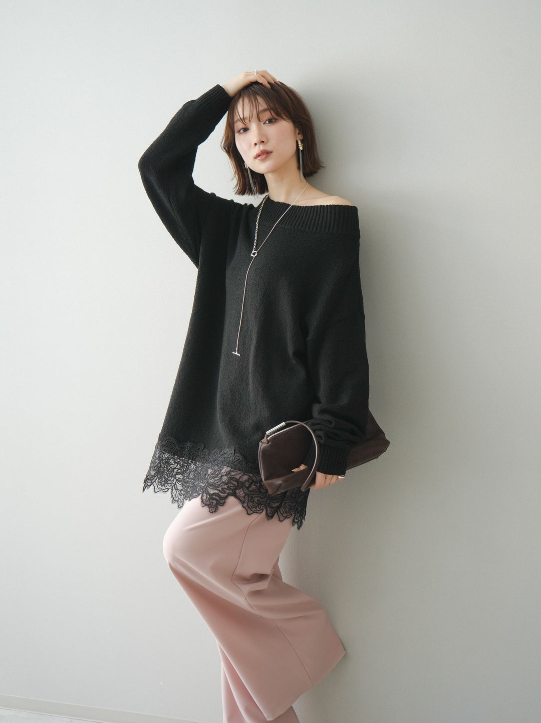 [SET]アシンメトリーレースヘムニットプルオーバー+アシンメトリーレースヘムニットプルオーバー(2set)