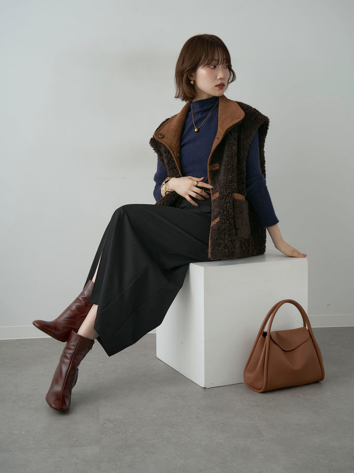 [SET]リバーシブルムートンライクオーバーベスト+リブモックネックニットトップス(2set)