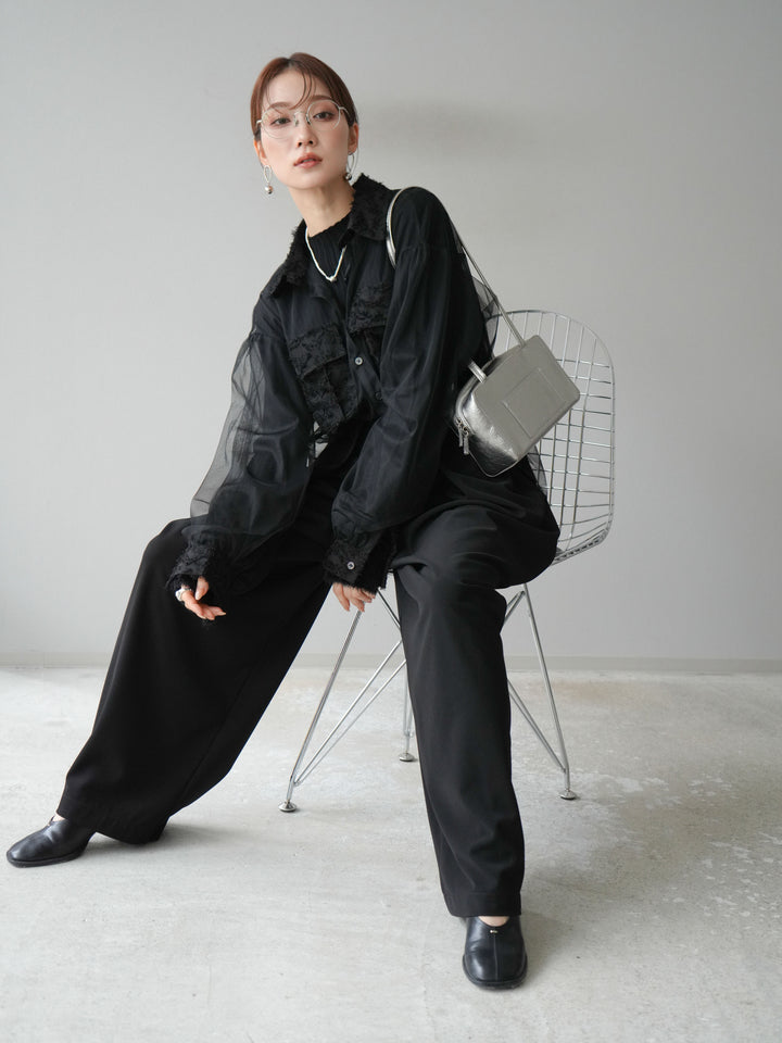 [SET]フリンジジャガード×チュールレイヤードシャツ+アームシャギーランダムリブニットトップス+ベルト付タックワイドパンツ(3set)