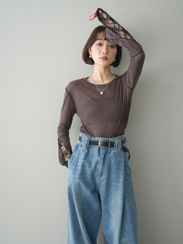 [予約]袖レースレイヤードデザインメロートップス/brown