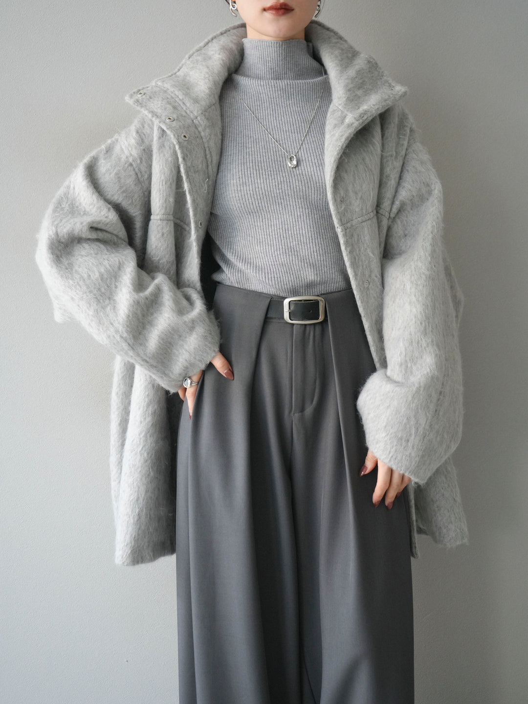 [予約]スタンドカラーシャギーコート/mokugray