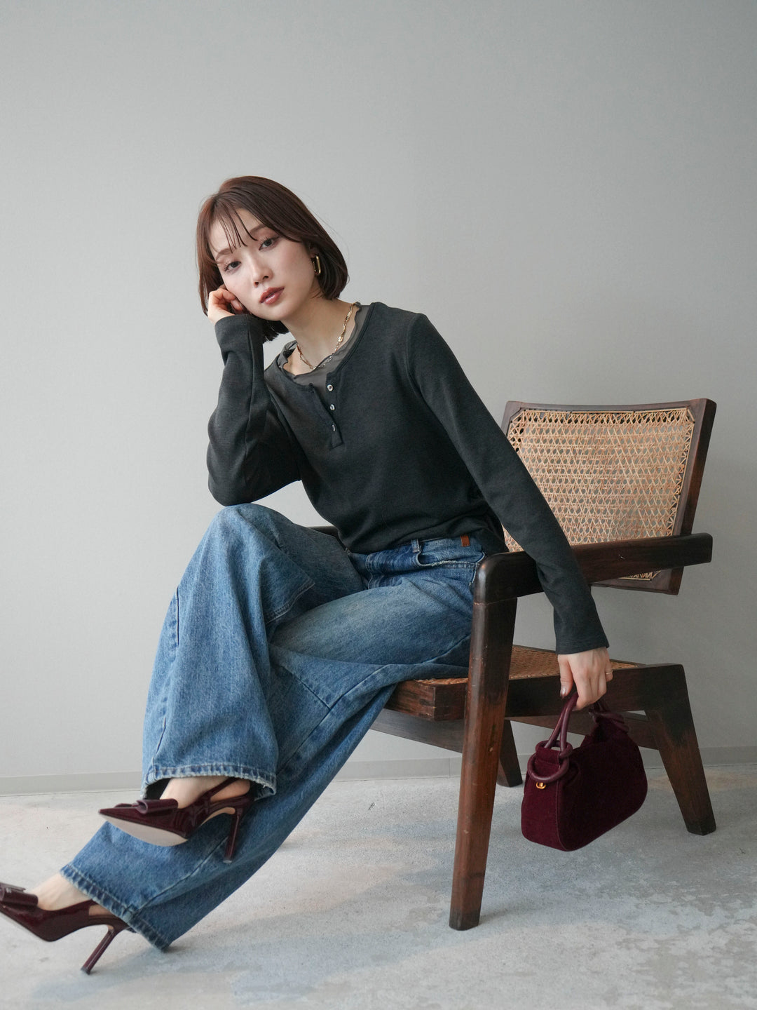 [予約]チュールレイヤードヘンリーネックカットソー/charcoal