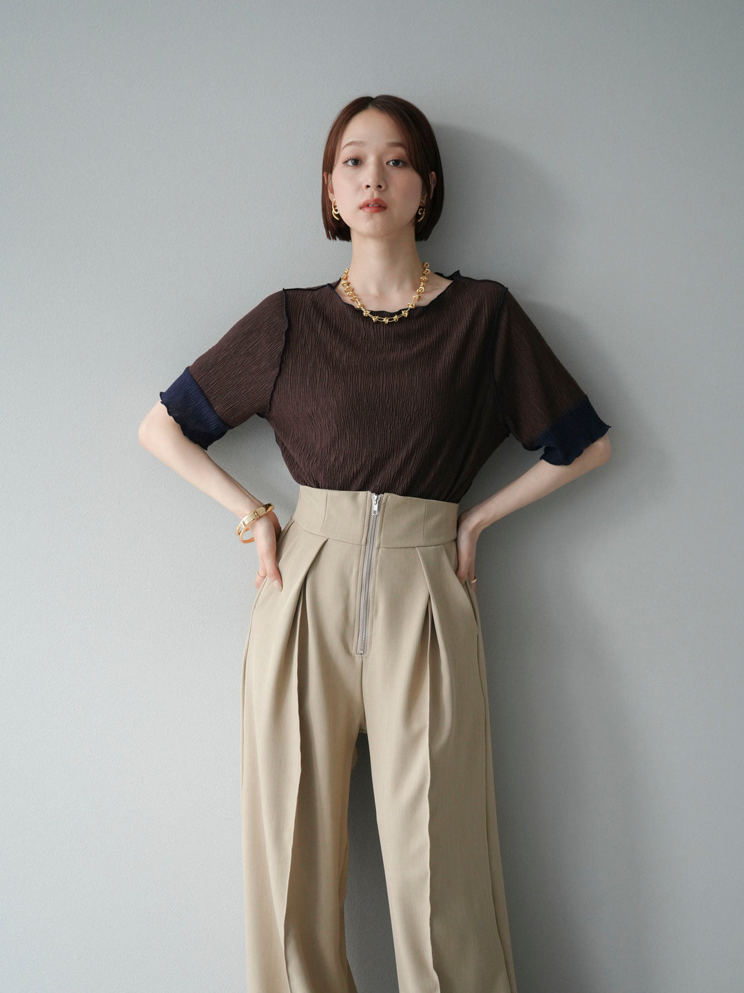 [SET] 百褶同色船領套頭衫 + 拉鍊褶襉寬褲 (2 套)