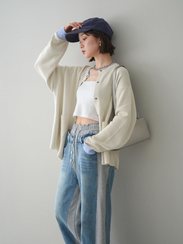 [SET]バイカラーオーバーニットカーディガン+デニム切替スウェットパンツ(2set)