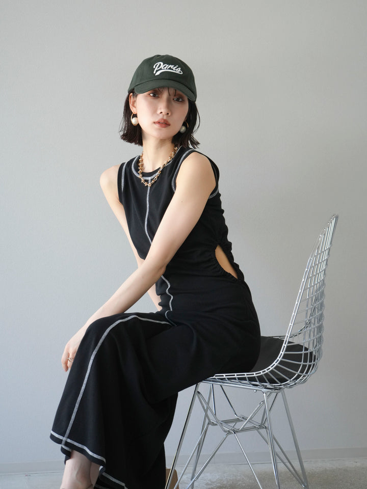 [予約]ウエストオープンステッチカットワンピース/ブラック