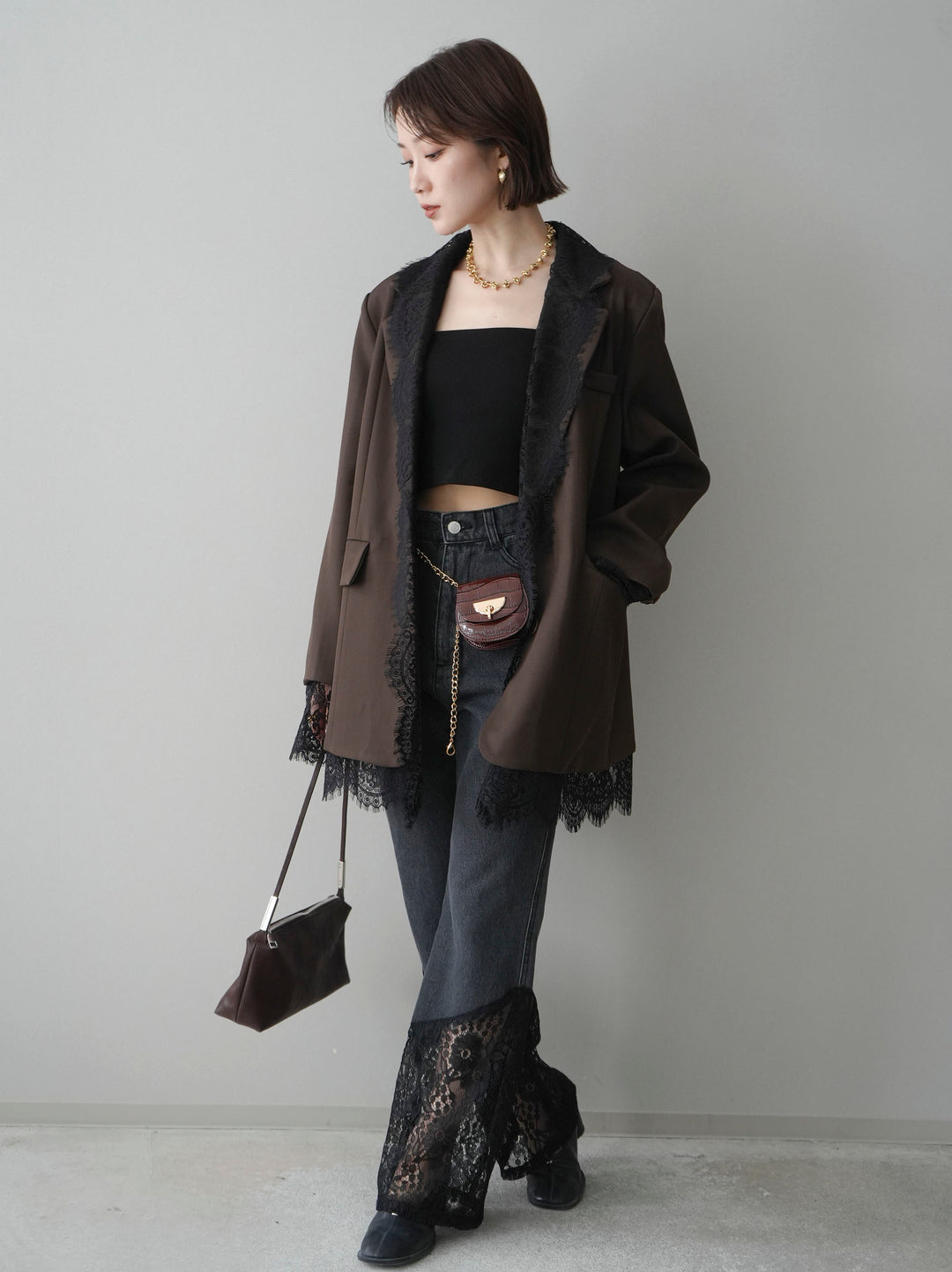 [予約]レース切替フレアデニムパンツ/black