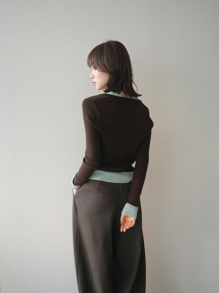 [予約]Uネック配色レイヤードリブニットトップス/brown
