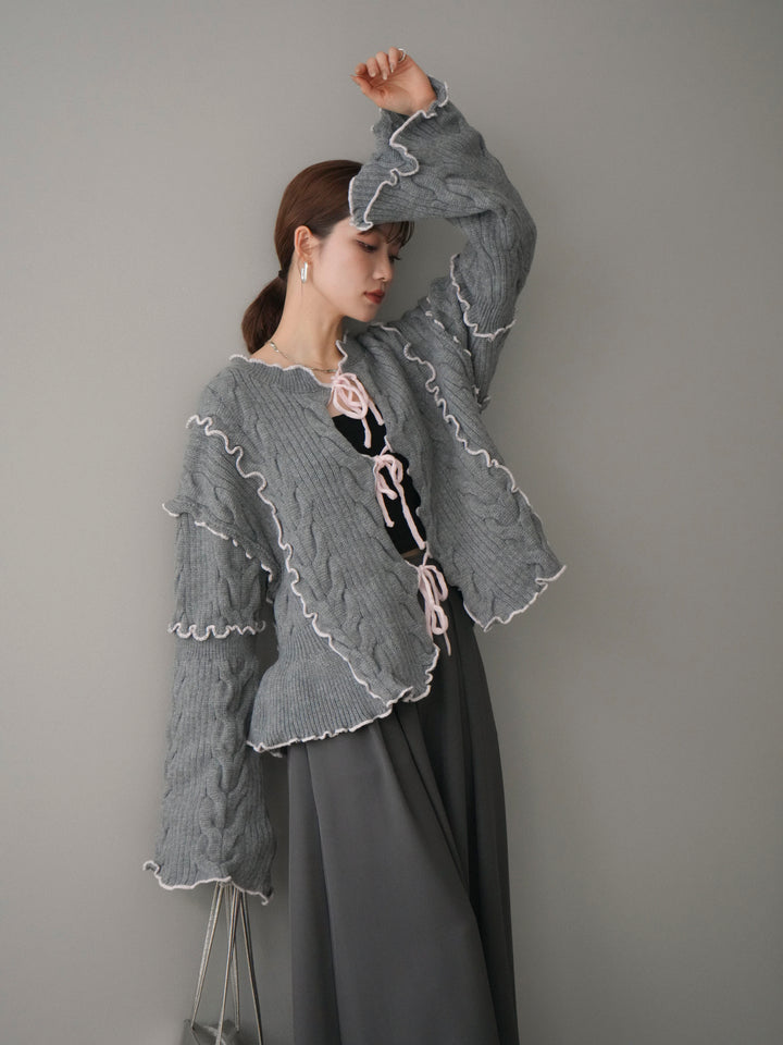 [SET]フロントリボン配色メローニットカーディガン+フロントリボン配色メローニットカーディガン(2set)