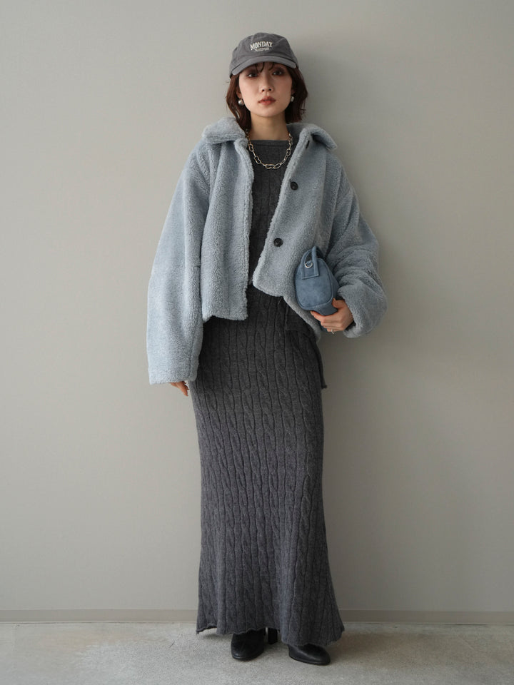 [SET]エコファーステンカラージャケット+ストール付ケーブルニットプルオーバー&ロングスカートSET UP(2set)