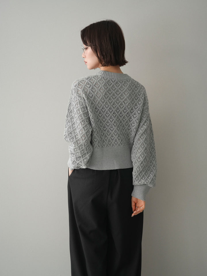 [予約]透かし編みフロントジップスリットニットプルオーバー/gray