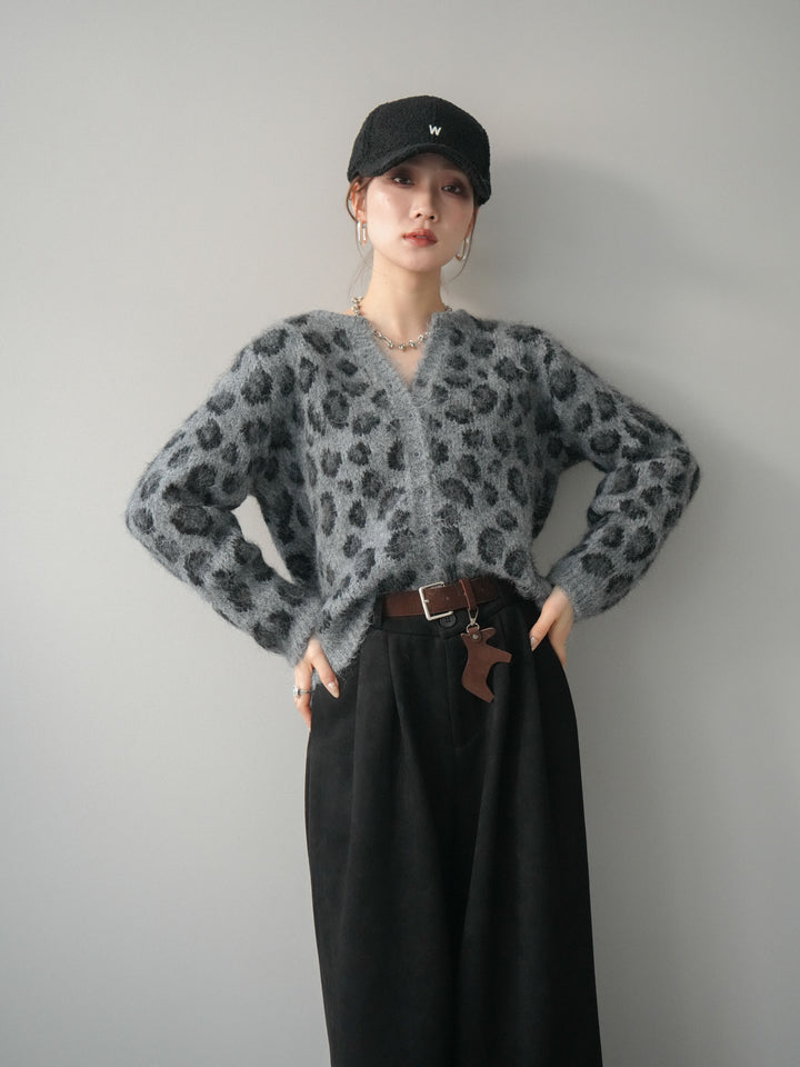 [SET]モヘアタッチレオパード柄ニットカーディガン+モチーフベルト付スエードタックワイドパンツ(2set)