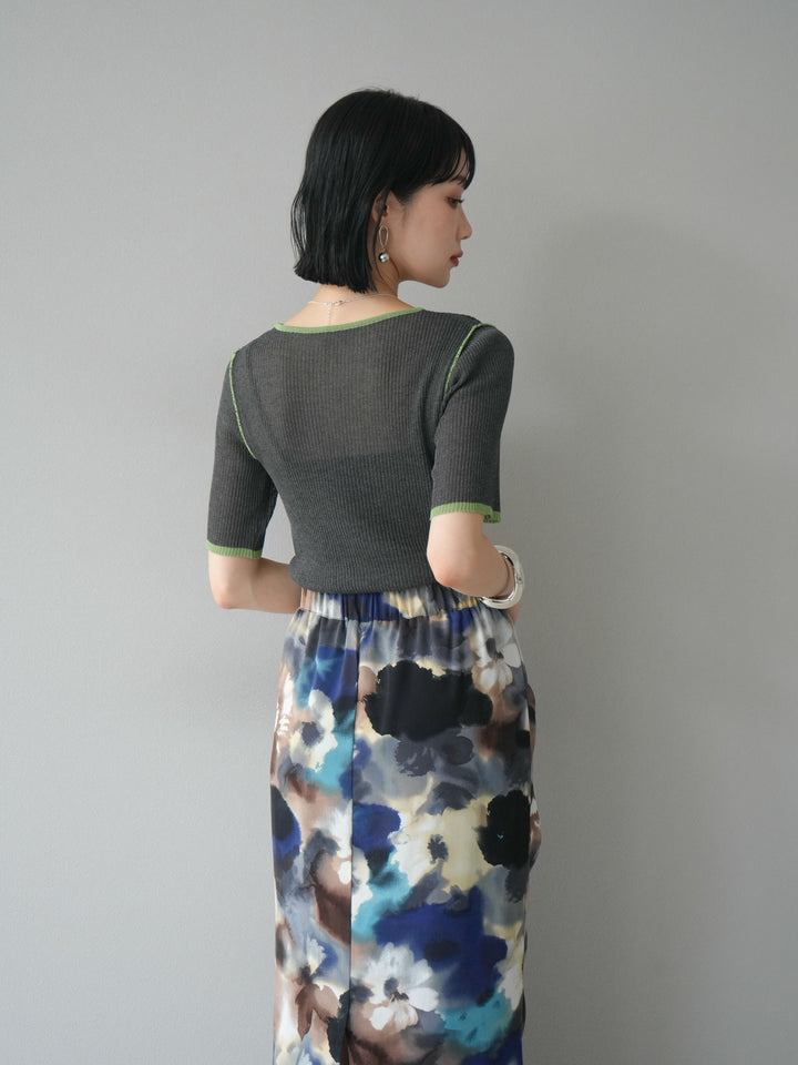 [予約]麻タッチ配色ニットハーフスリーブトップス/チャコール