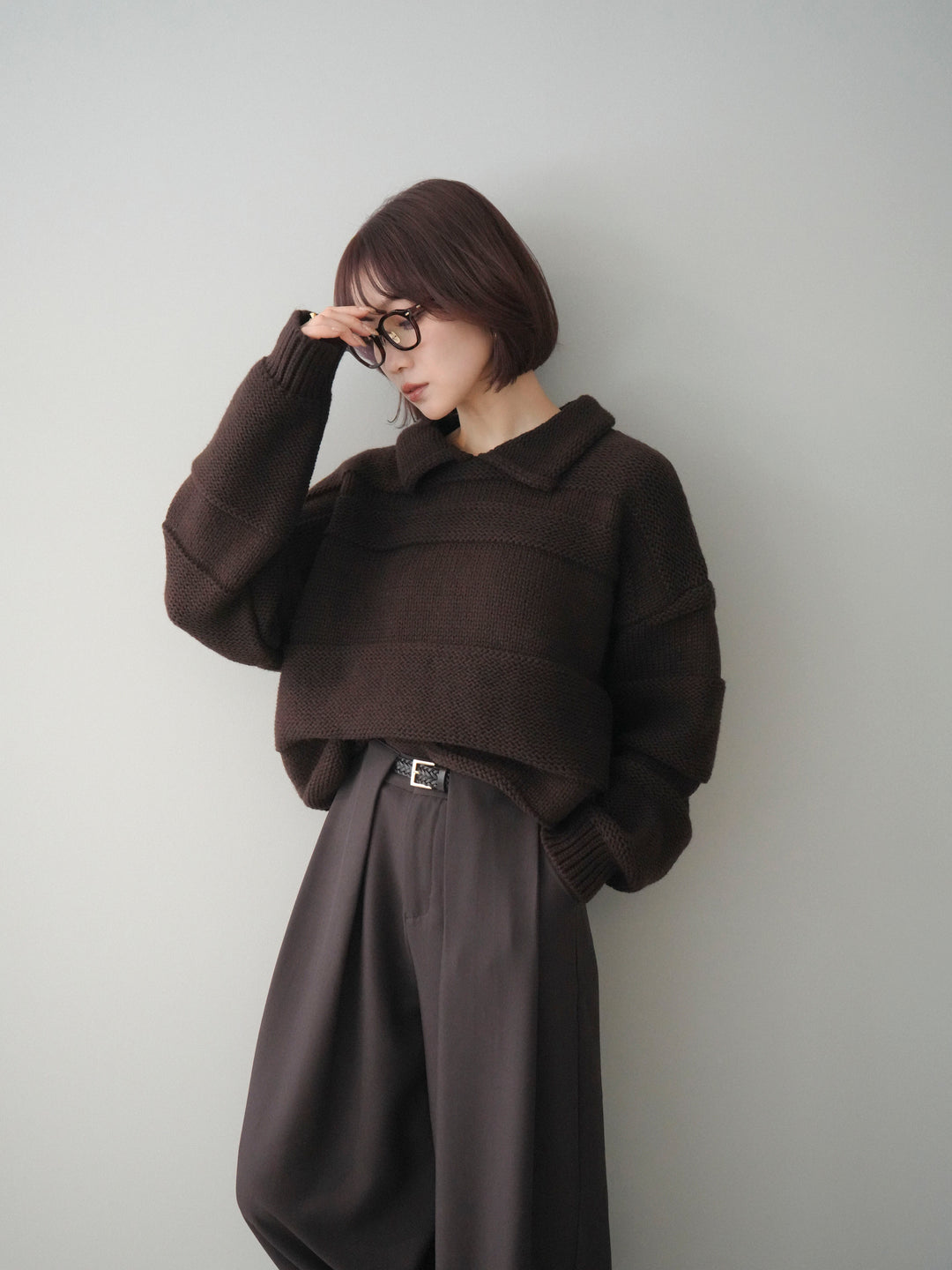 [予約]襟付きボーダー編みニットプルオーバー/brown