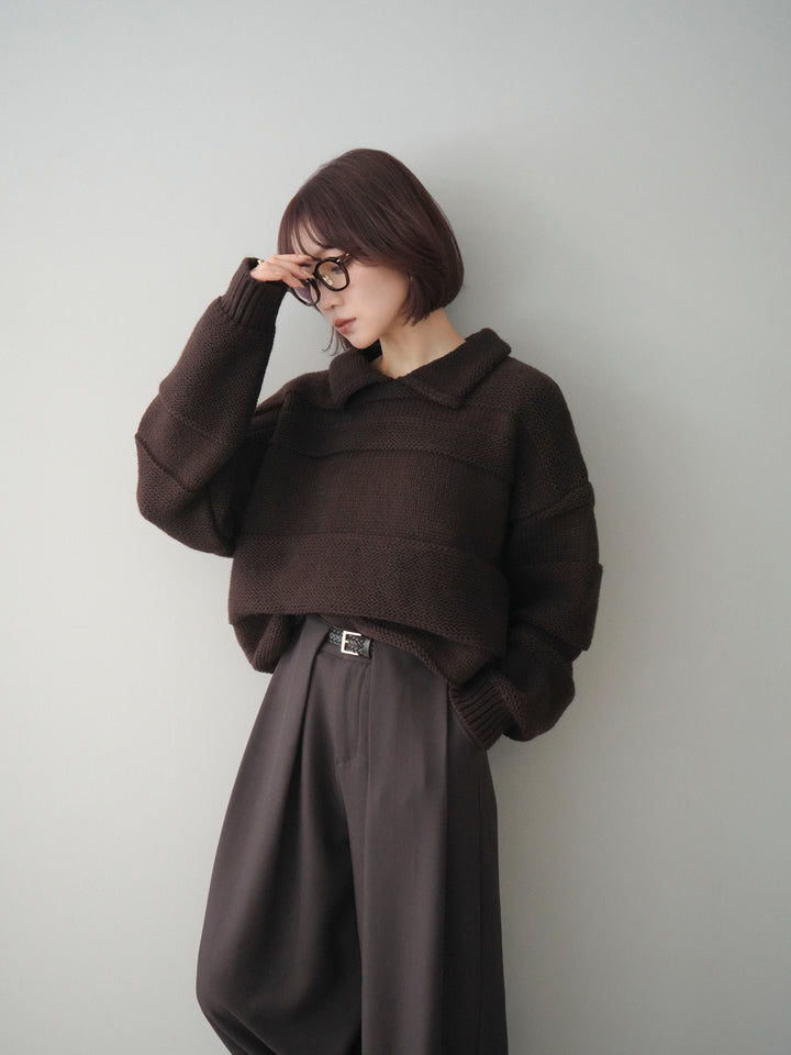[予約]襟付きボーダー編みニットプルオーバー/brown