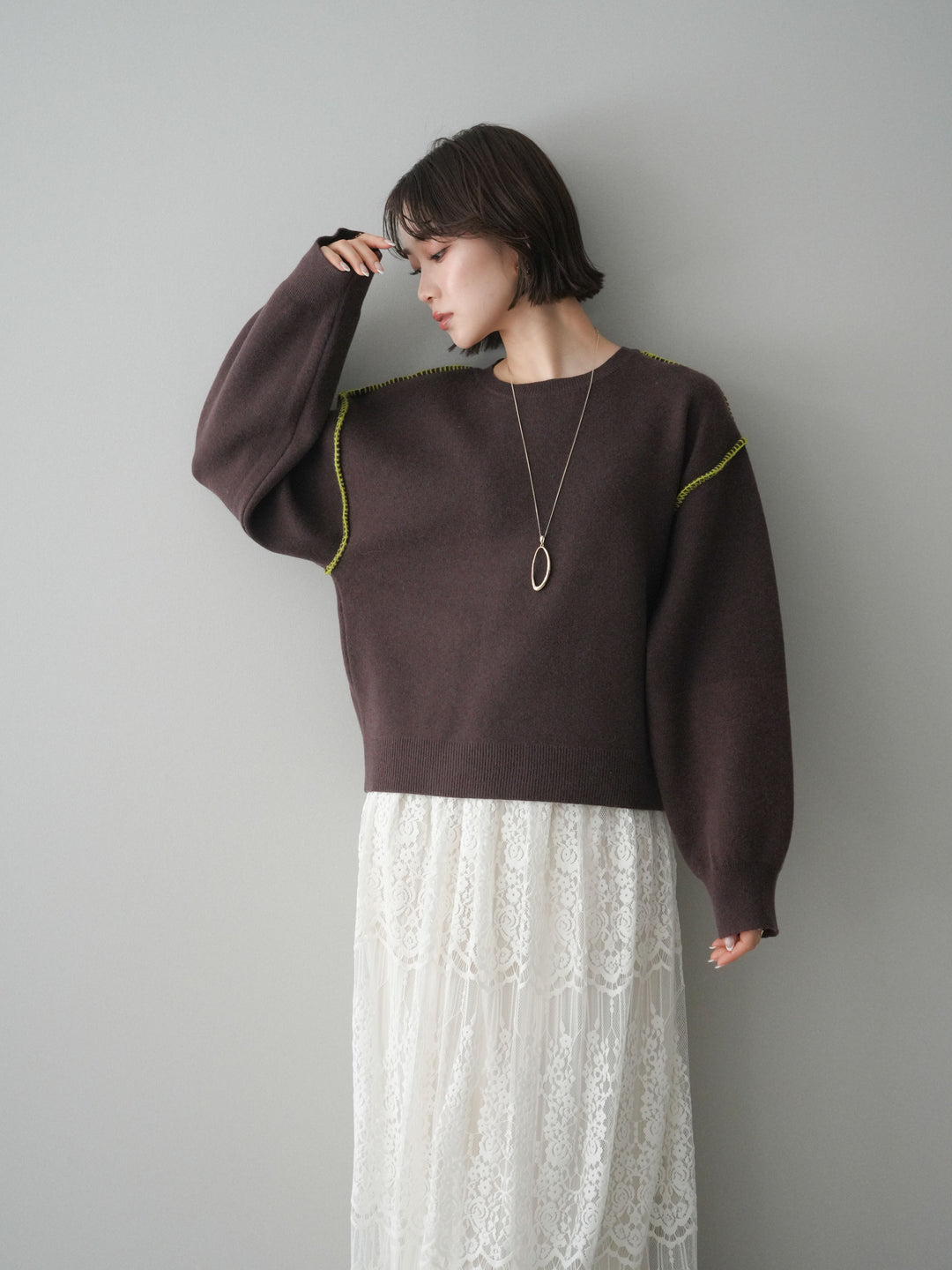 [SET]バックロゴ刺繍配色ステッチニットプルオーバー+選べるアクセセット(2set)