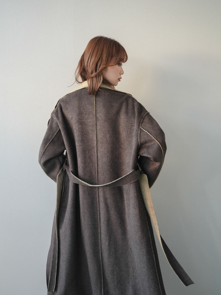 [予約]ダブルフェイスバイカラーロングコート/khaki