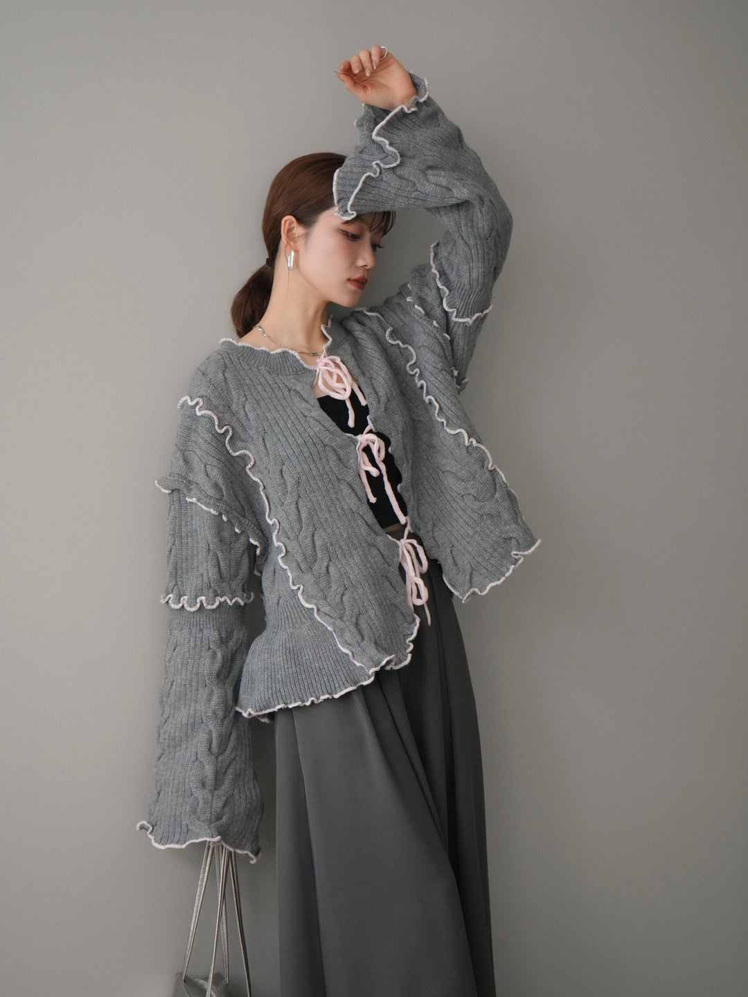 [予約]フロントリボン配色メローニットカーディガン/gray