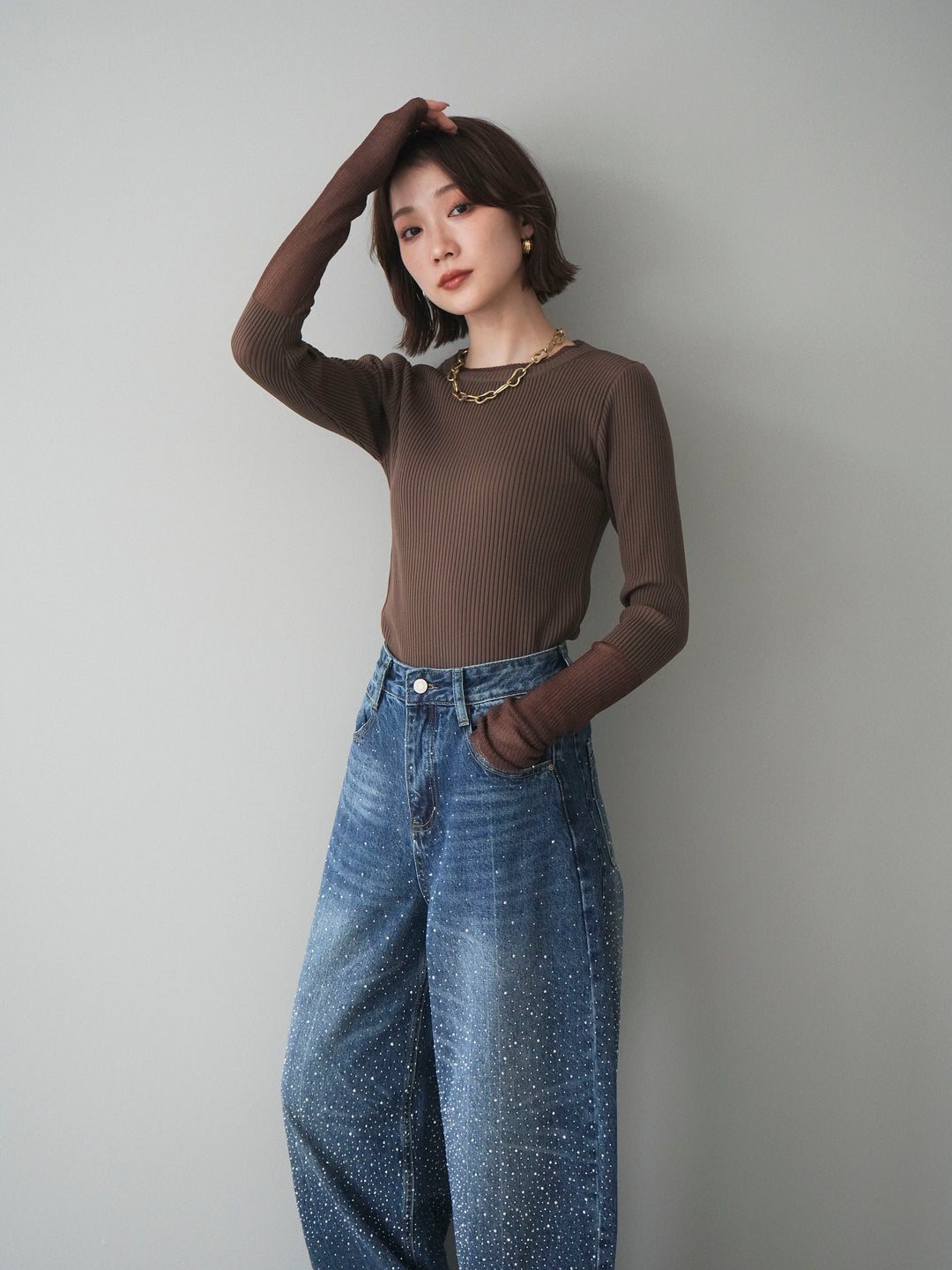 [予約]リブラメシアー切替リブニットトップス/brown