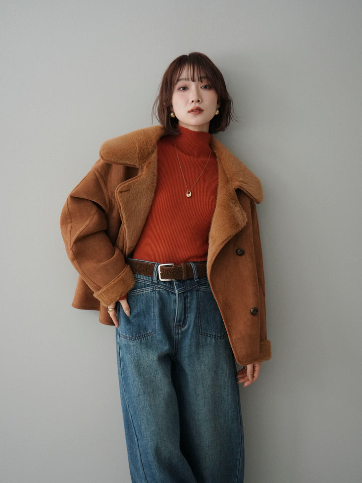 [SET]ムートンショートジャケット+袖ボタンボトルネックリブニットトップス+ベルト付裏起毛カーブデニムパンツ(3set)