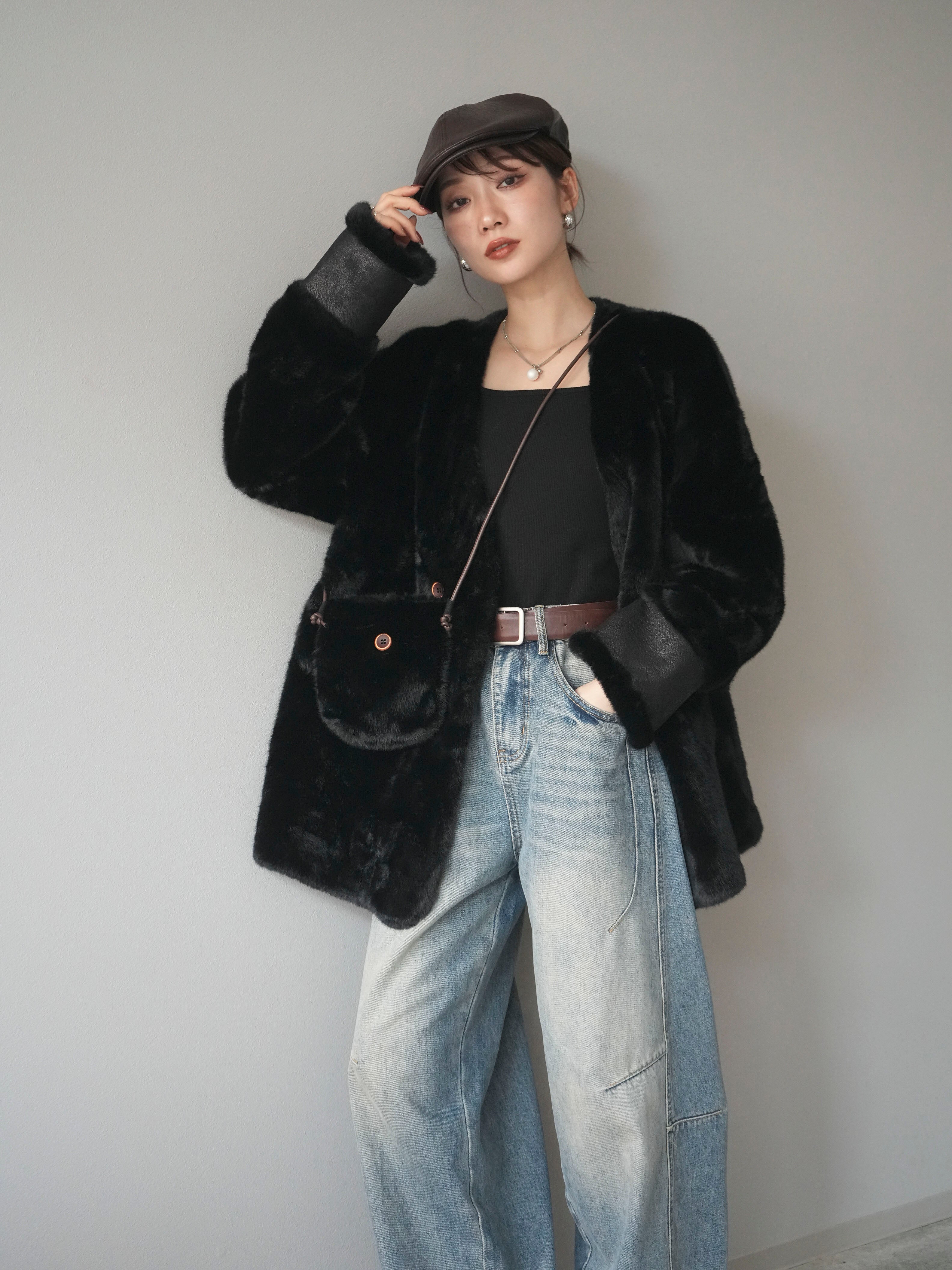 SET]バッグ付エコファーノーカラーコート+ベルト付カーブデニムパンツ