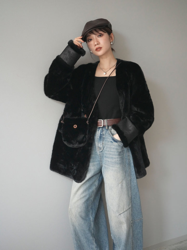 [SET]バッグ付エコファーノーカラーコート+ベルト付カーブデニムパンツ(2set)