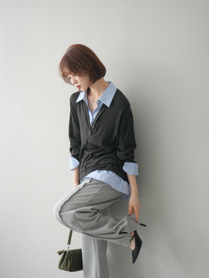 [予約]シャツレイヤードデザインカットプルオーバー/charcoal