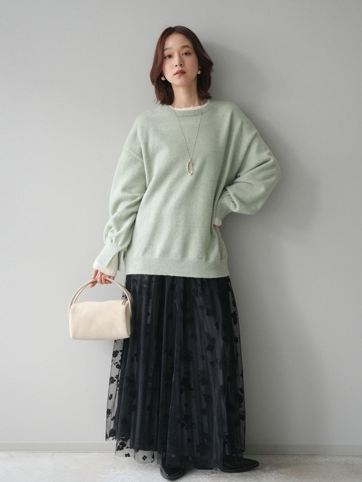 [SET]ヘンリーネック配色レイヤードニットプルオーバー+フラワーフロッキーチュールプリーツスカート(2set)
