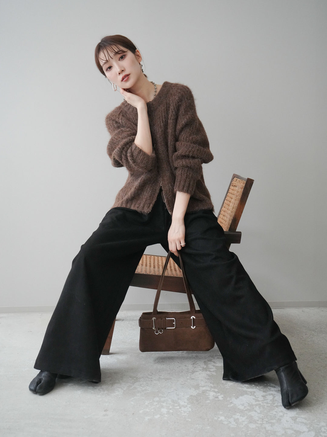 [予約]MIXヤーンモヘアタッチZIPニットカーディガン/brown