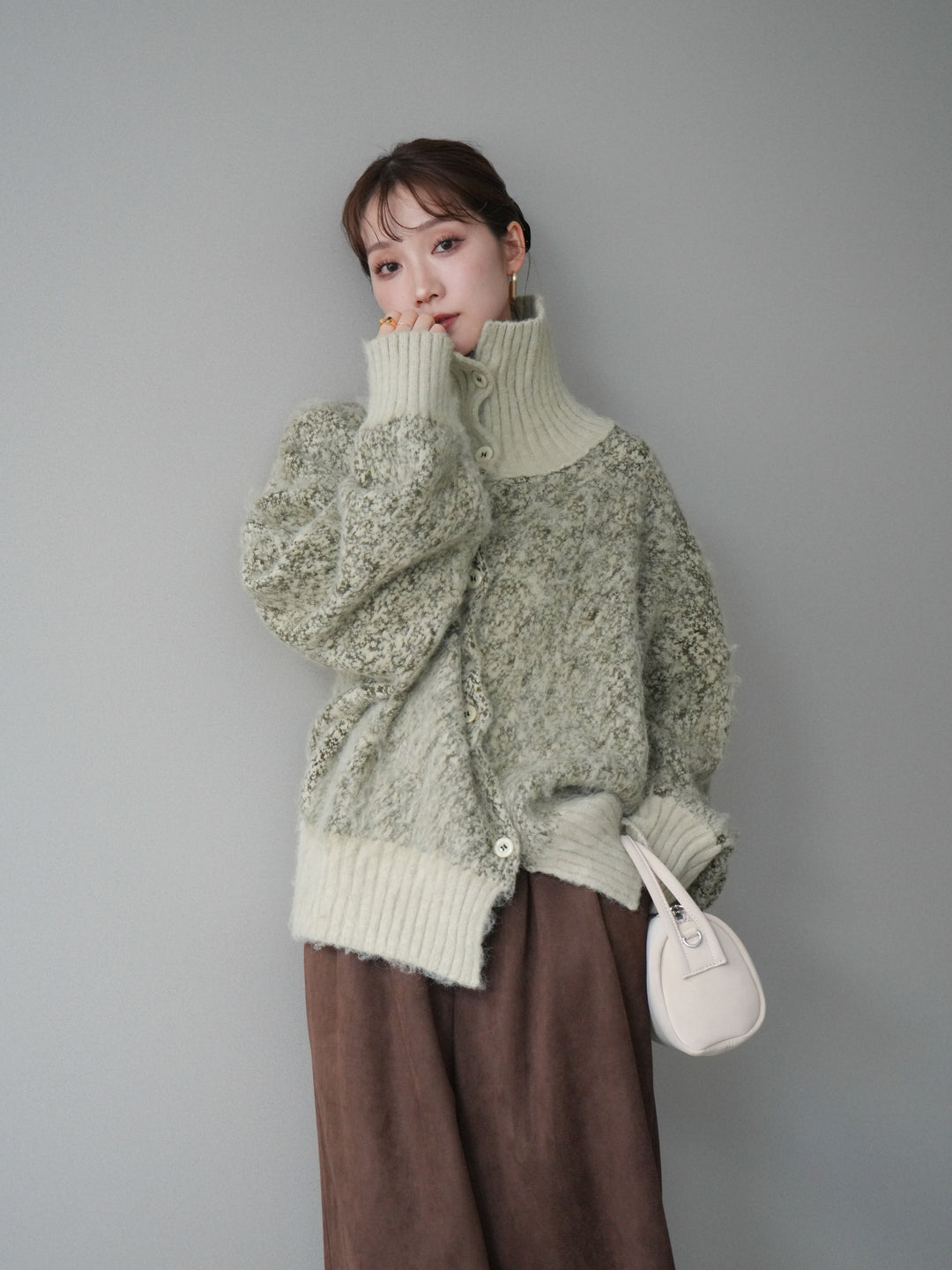 [SET]リブ切替メランジニットカーディガン+モチーフベルト付スエードタックワイドパンツ(2set)