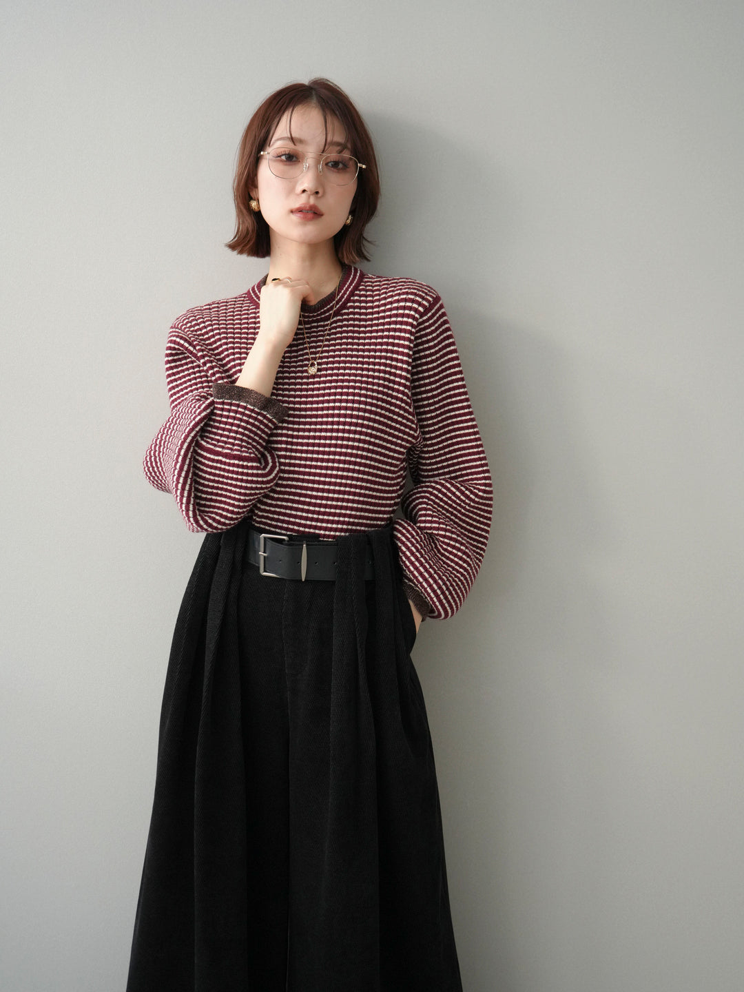 [予約]ラメ異素材ボーダーリブニットプルオーバー/bordeaux×brown