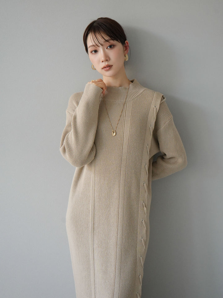 [SET] 不對稱繫帶高領針織連身裙 + 可選飾品套裝 (2套)