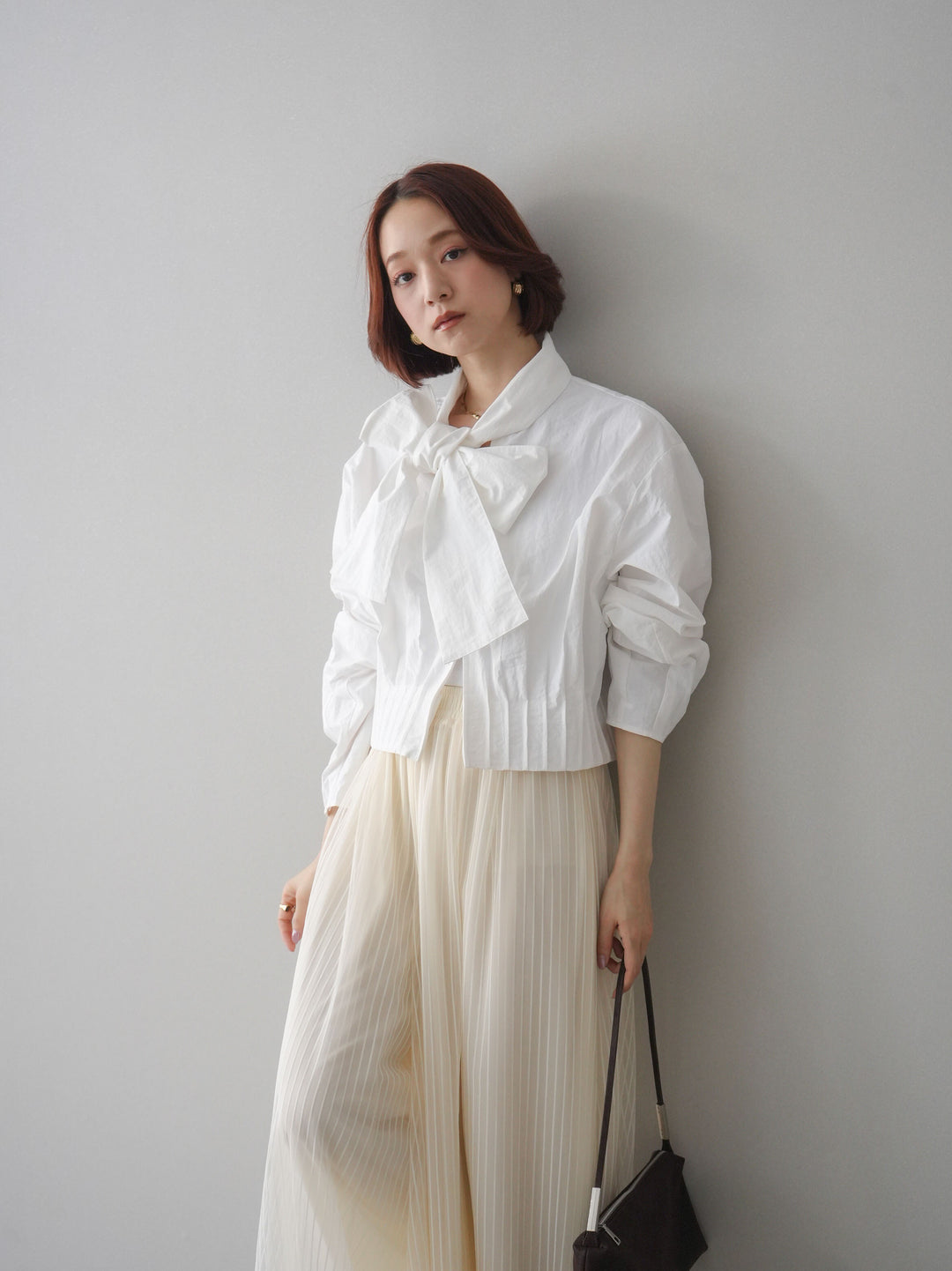 [SET]ボウタイ裾プリーツライトジャケット+ストライプチュールボリュームバギーパンツ(2set)