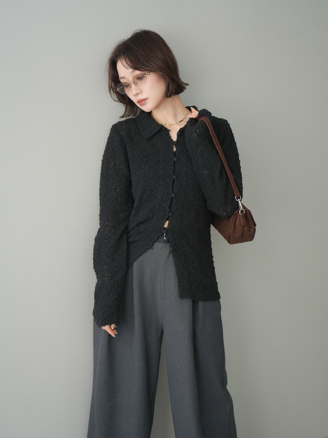 [予約]透かし編みブークレポロニットトップス/black