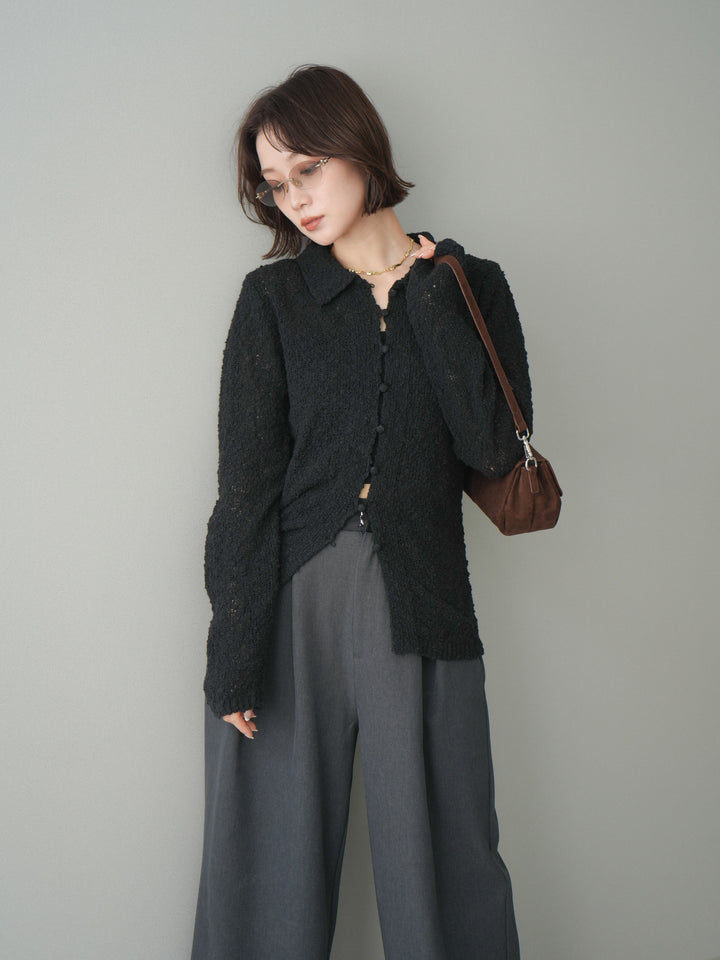 [予約]透かし編みブークレポロニットトップス/black