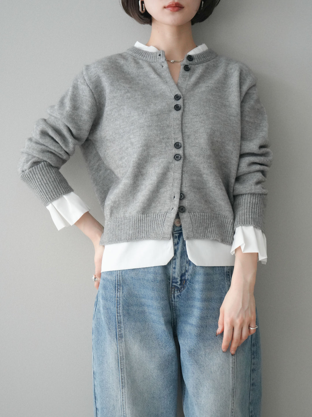 [SET]布帛ドッキングニットカーディガン+ガーメントウォッシュカーブデニムパンツ(2set)