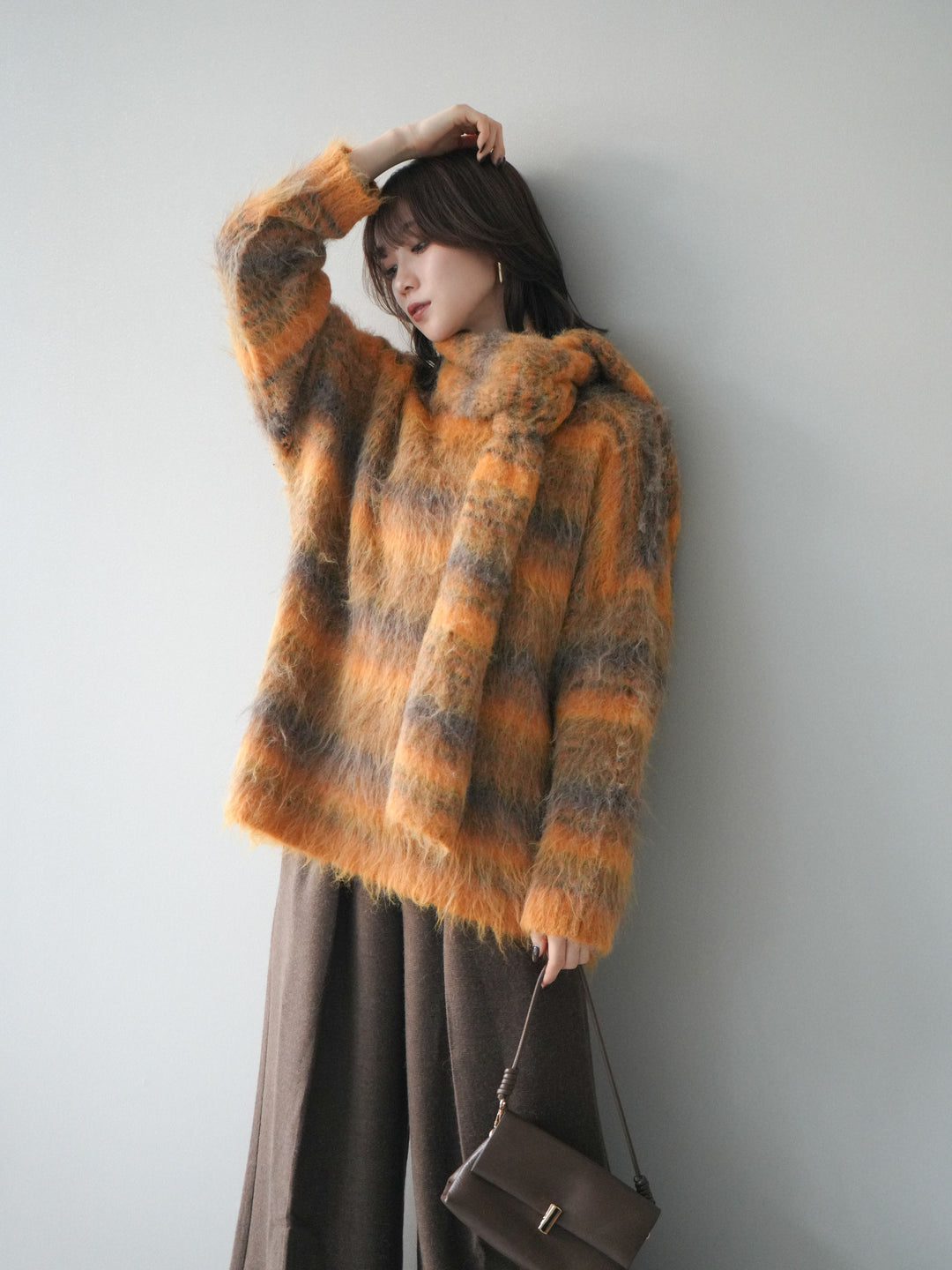 [予約]ストール付シャギーマルチボーダーニットプルオーバー/yellow