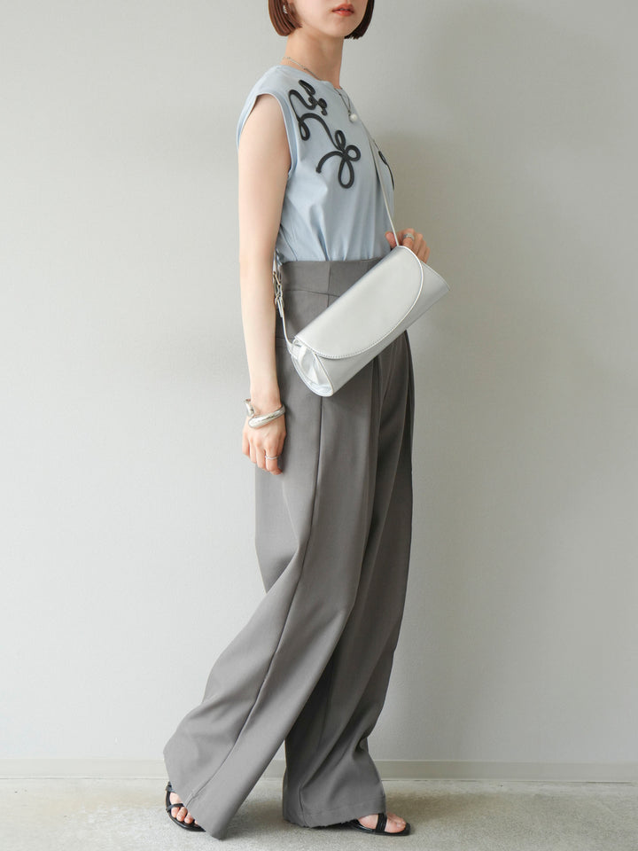 [SET]コード刺繍フレンチスリーブTシャツ+ジップタックワイドパンツ(2set)