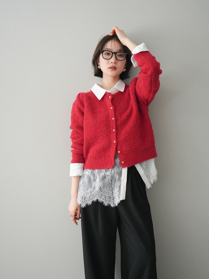 [SET]ゴールドボタンブークレニットカーディガン+総レースボリュームスリーブシャツ(2set)