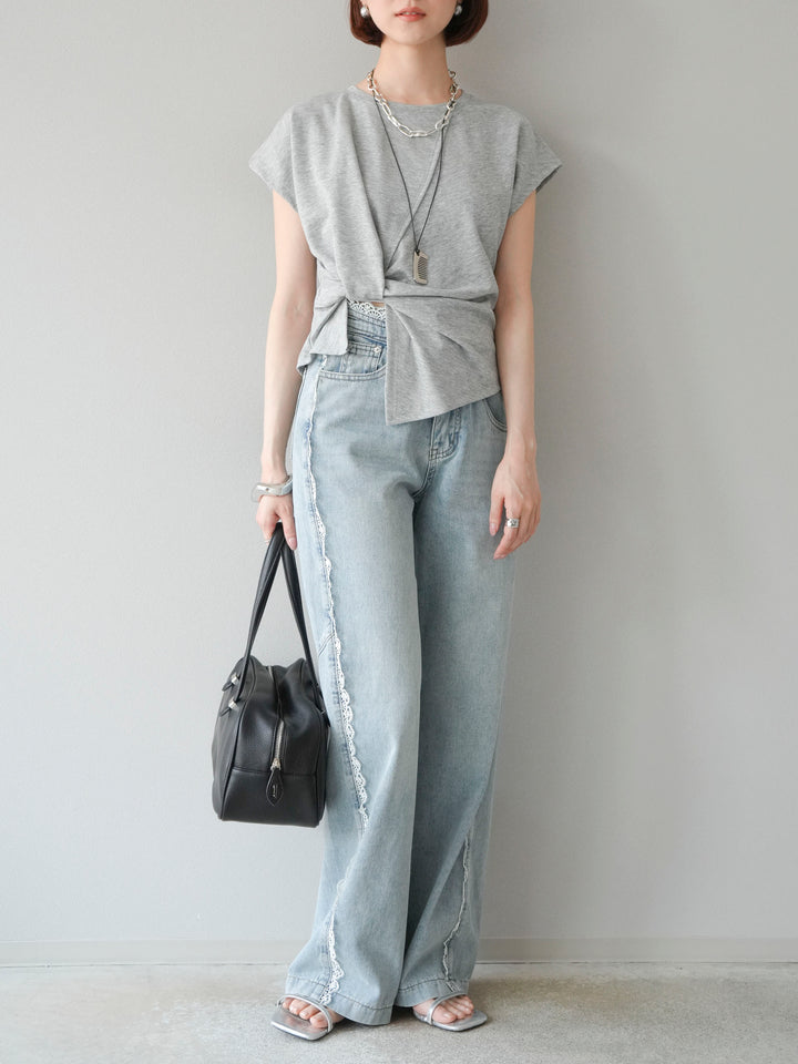 [予約]カシュクールTシャツ＆コームネックレスSET /グレー