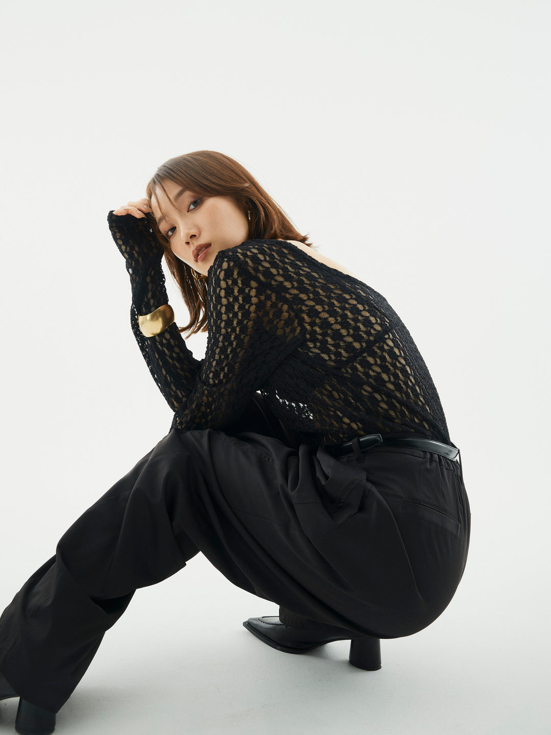 【Allure】[SET]バックラウンドレーストップス+タフタワイドカーブパンツ(2set)