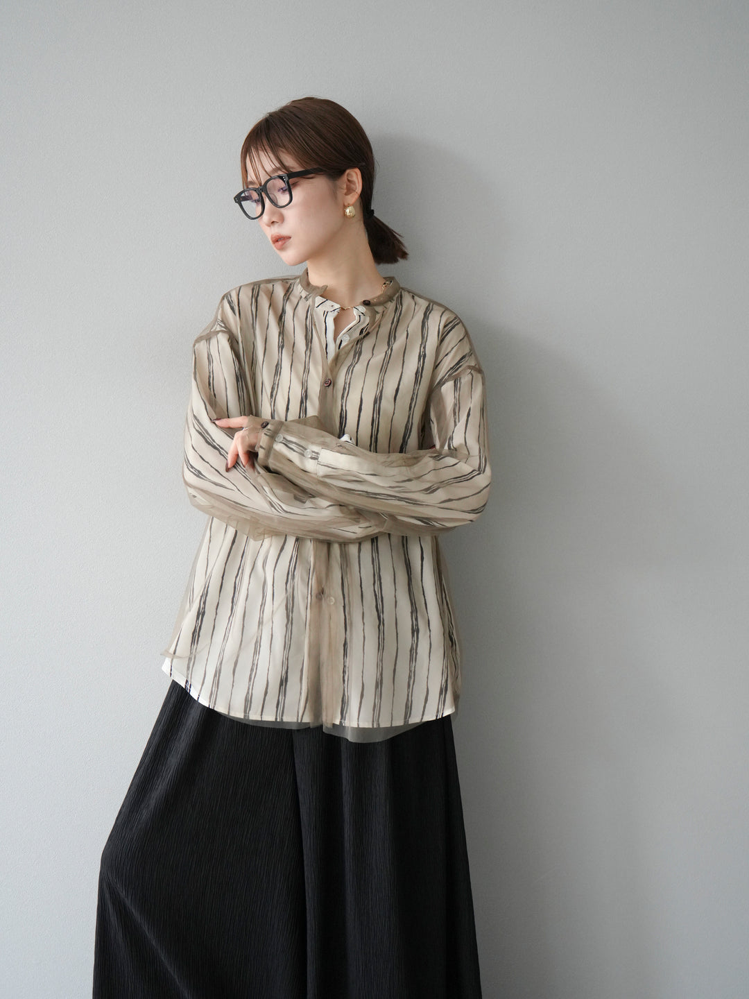 [予約]2WAYスリーブチュールシャツ/グレージュ