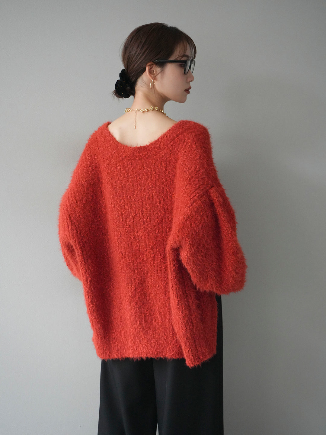 [予約]クルーネックランダムシャギーカーディガン/レッド