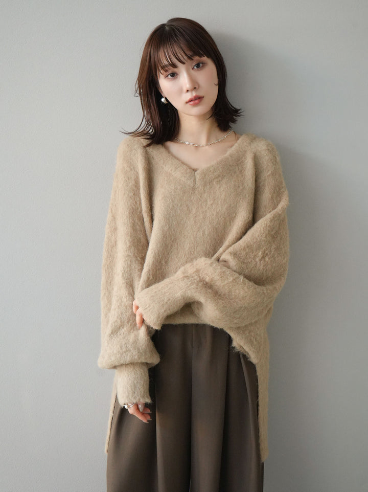 [予約]Vネックオーバーモヘアニットプルオーバー/ベージュ