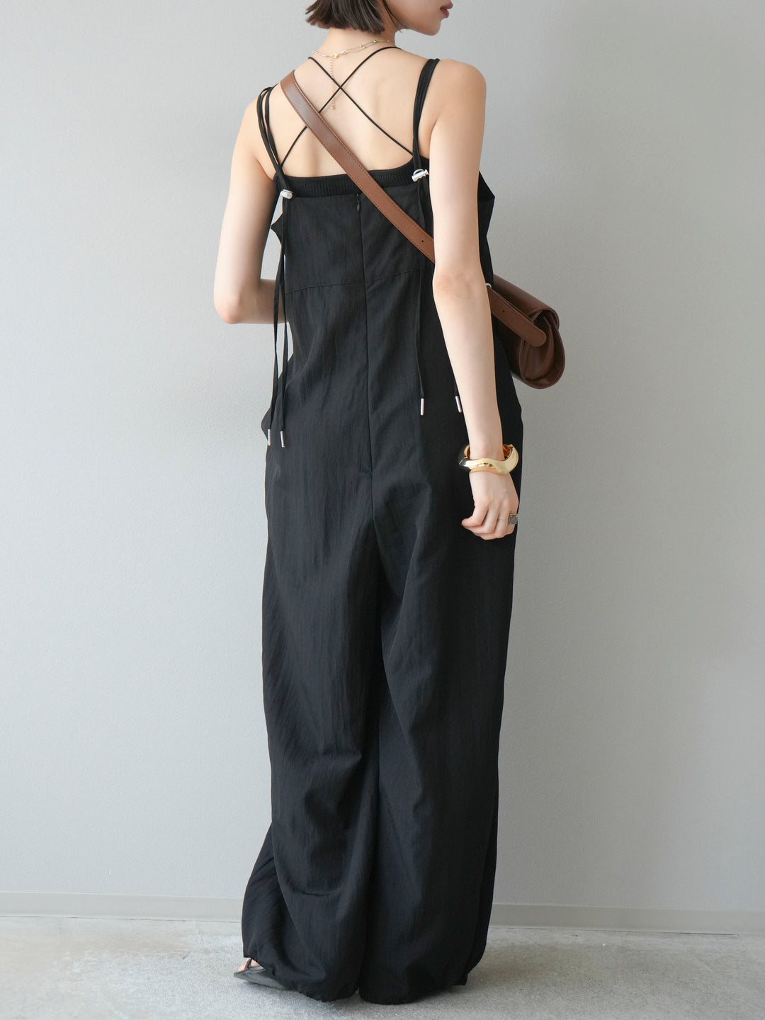 [SET]リネンライクビスチェデザインサロペット+ダブルストラップカットリブブラキャミソール(2set)